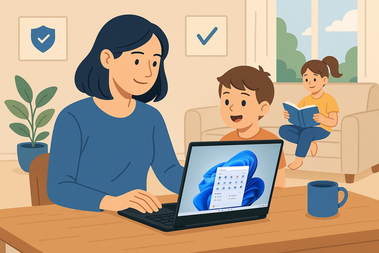 Illustration of a mother working on a laptop running Windows 11 in a cozy living room, with her son nearby and daughter reading on the couch, symbolizing family-friendly computing.