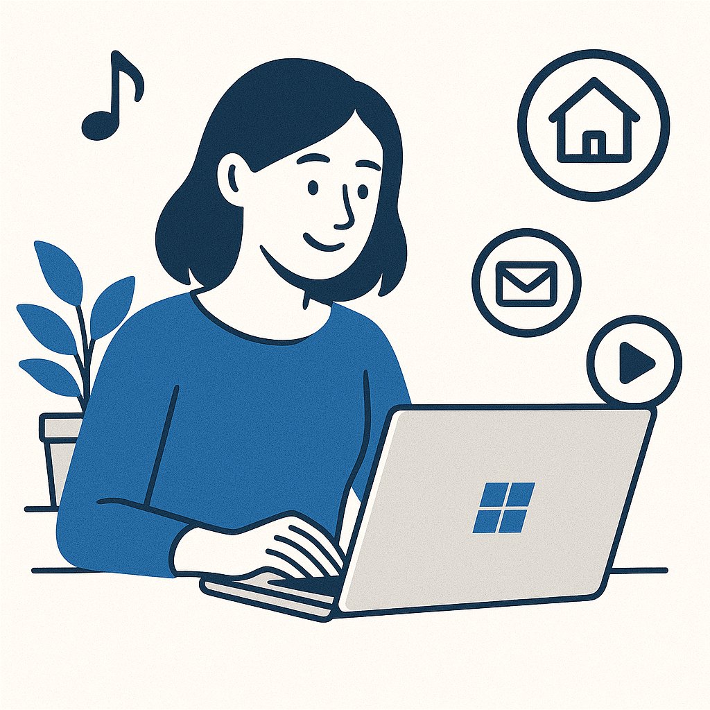 Flat-style illustration of a woman using a laptop with the Windows logo, surrounded by icons of a house, email, and play button, representing a connected digital home hub."
