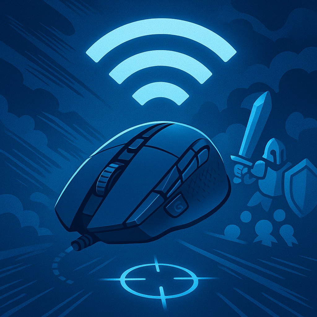 lustration of a wireless gaming mouse emitting glowing Wi-Fi signal waves above it, with a crosshair below and a knight figure in the background, symbolizing reliable lag-free wireless performance