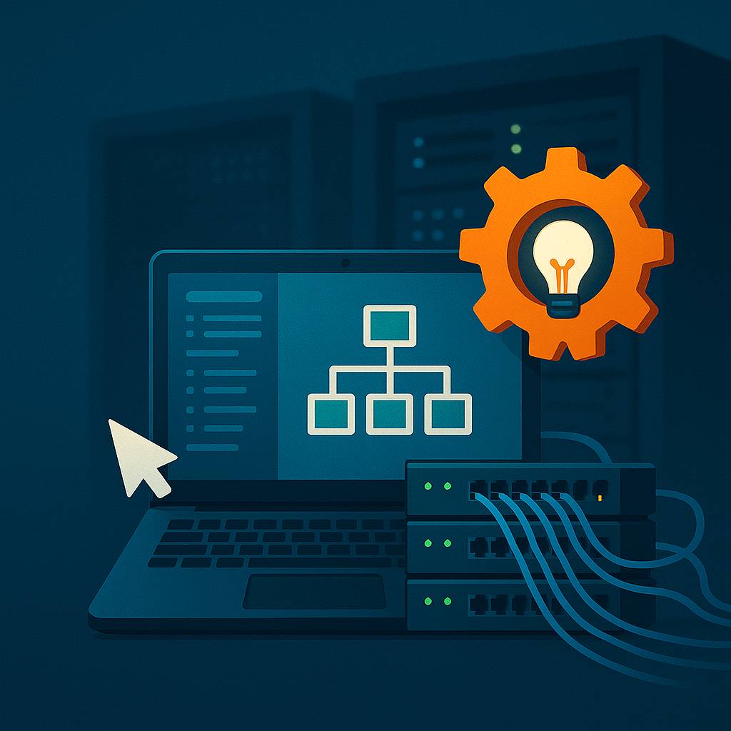 A digital illustration of a laptop displaying a network diagram interface, with network switches connected by cables and an orange gear containing a lightbulb, symbolizing smart and efficient network management.
Ask ChatGPT