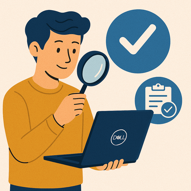Young man inspecting a Dell laptop with a magnifying glass, with checkmark and clipboard icons symbolizing certification and quality assurance.