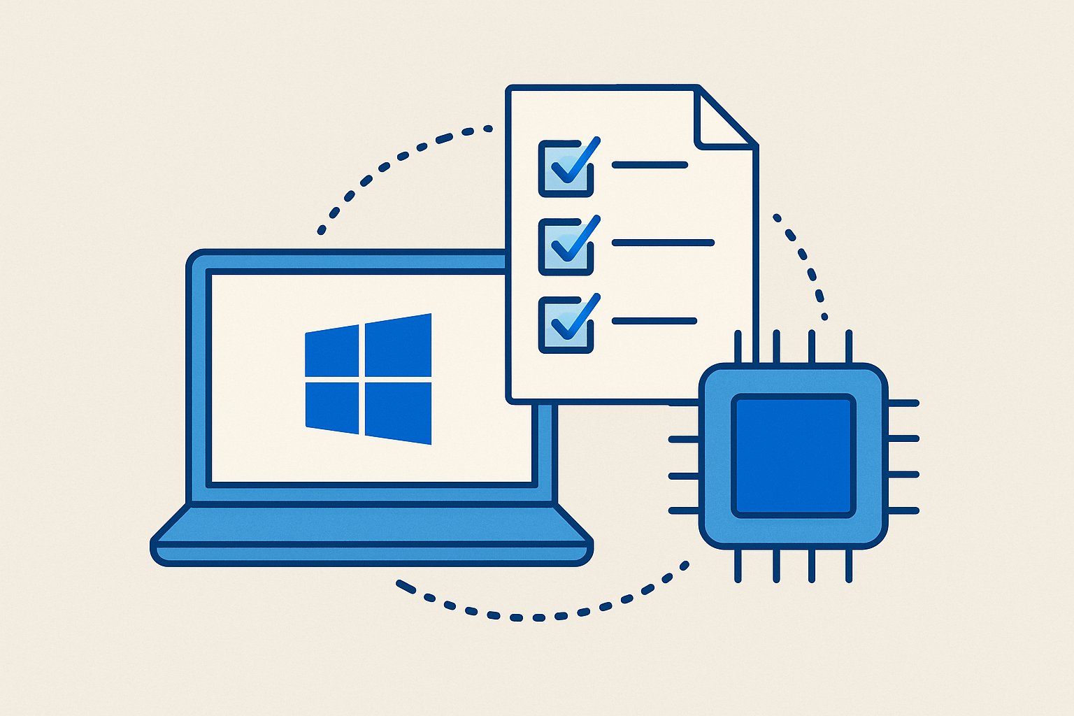 Illustration of a laptop with Windows logo, a checklist with blue checkmarks, and a microprocessor icon connected by dotted lines representing compatibility and requirements.