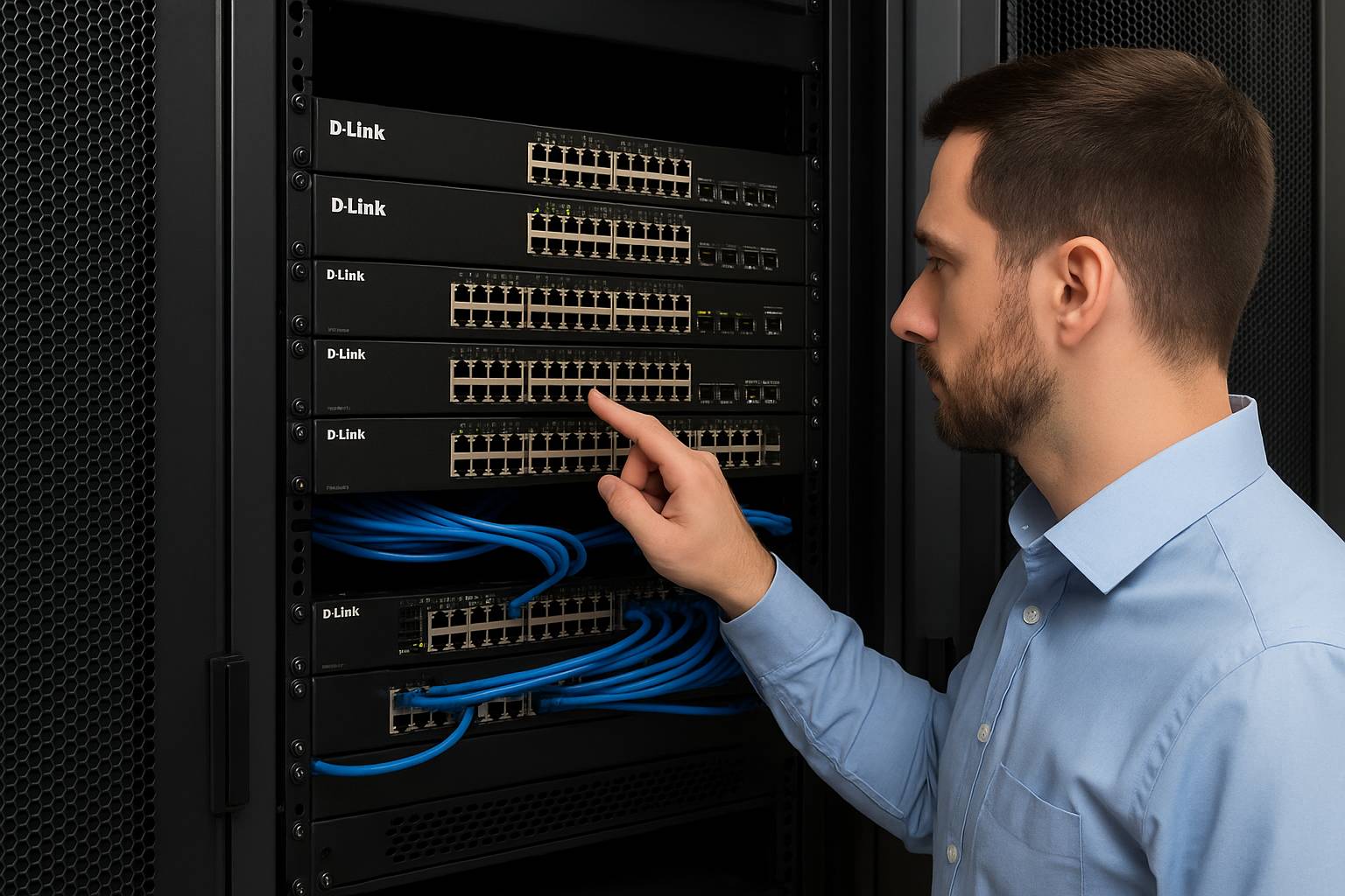 An IT professional inspecting a rack of D-Link network switches in a modern data center, with organized blue Ethernet cables and a sleek black metal chassis under cool ambient lighting.