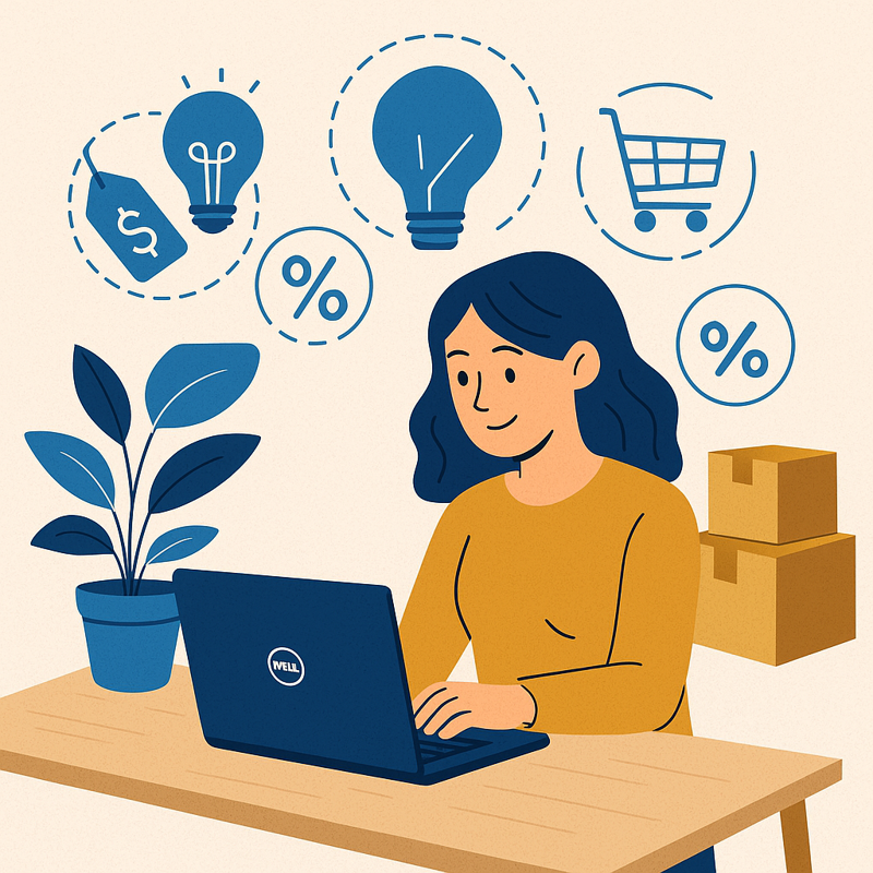 Young woman shopping online for Dell products, surrounded by icons of discounts, savings, and a shopping cart, sitting at a desk with a Dell laptop