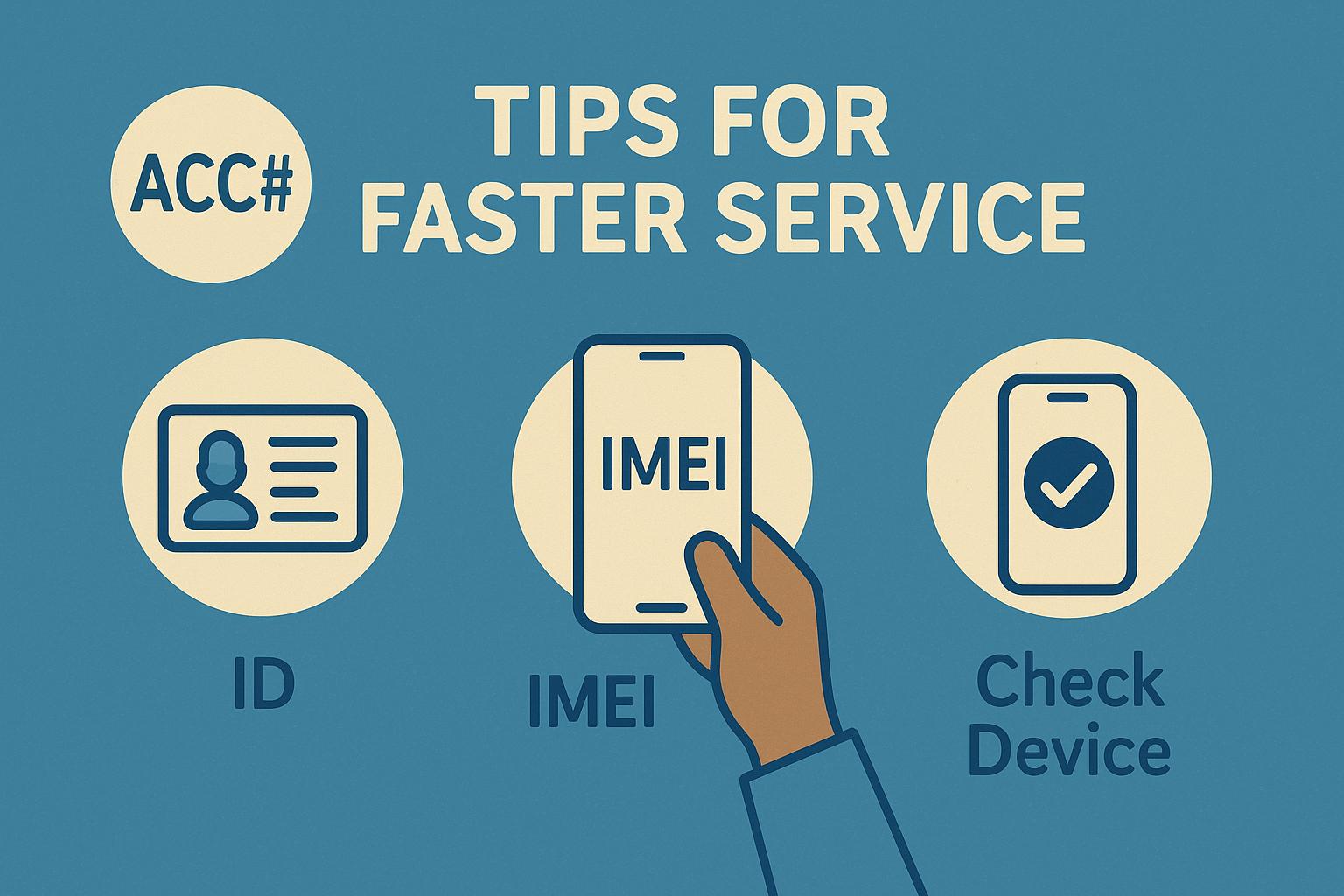 Illustration showing tips for faster service with icons of an ID card, a smartphone labeled IMEI, and a device check symbol, representing preparation steps for customer support.
