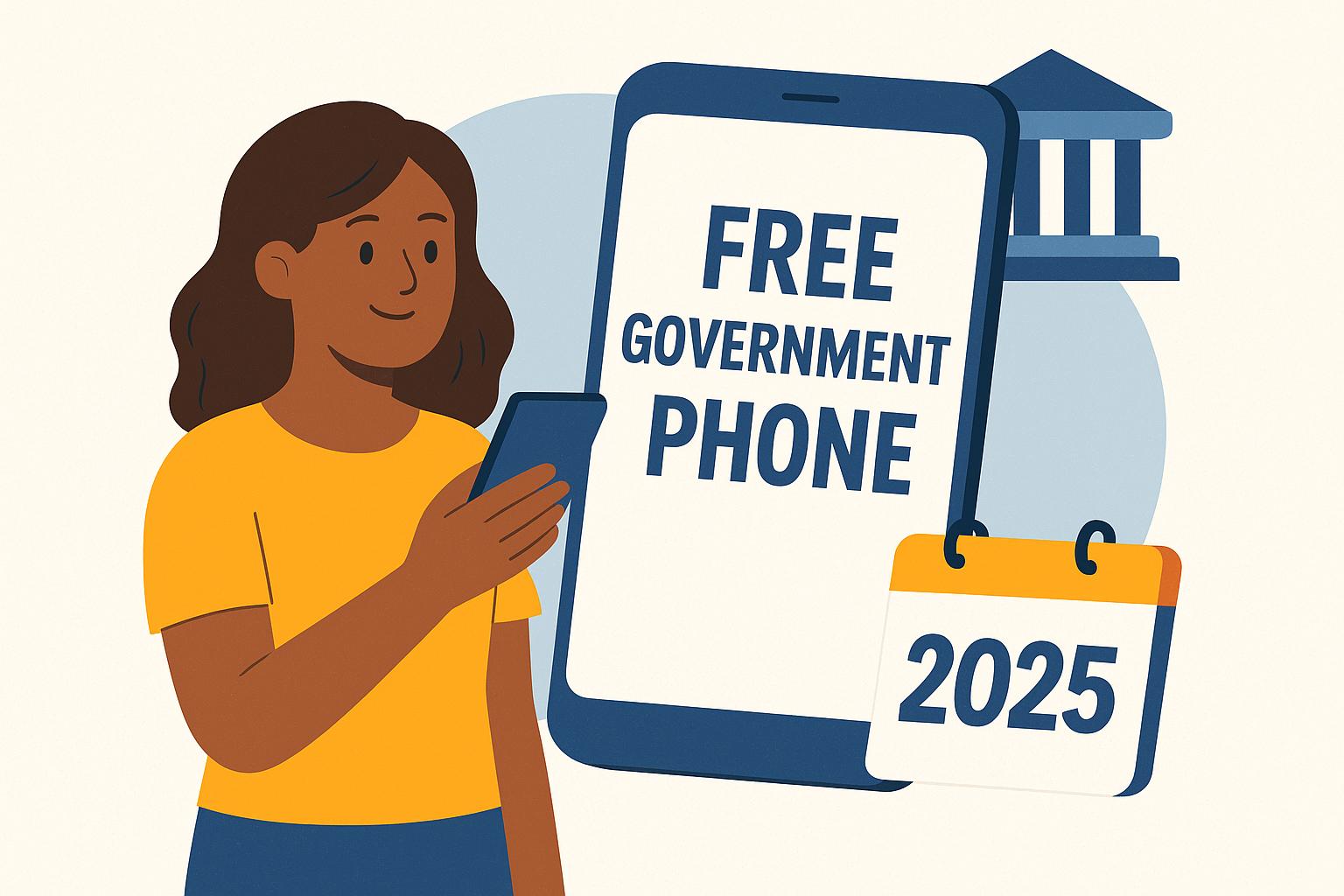 Illustration of a woman holding a smartphone while a large phone screen shows government program benefits for 2025, symbolizing access to free government phone services.