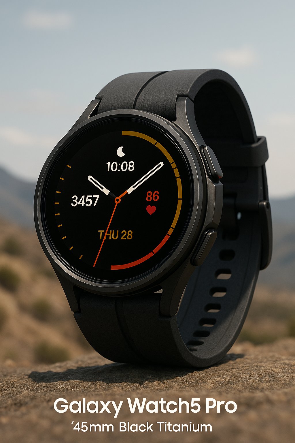 Samsung Galaxy Watch 5 Pro 45mm Black Titanium smartwatch displayed outdoors on a rocky surface with mountains in the background, showing step count, heart rate, and time on the screen.