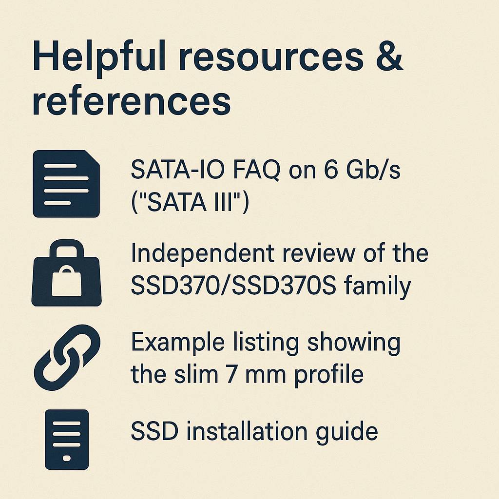 Illustration showing icons for documents, links, and reviews representing helpful resources and references for SSD installation and information.