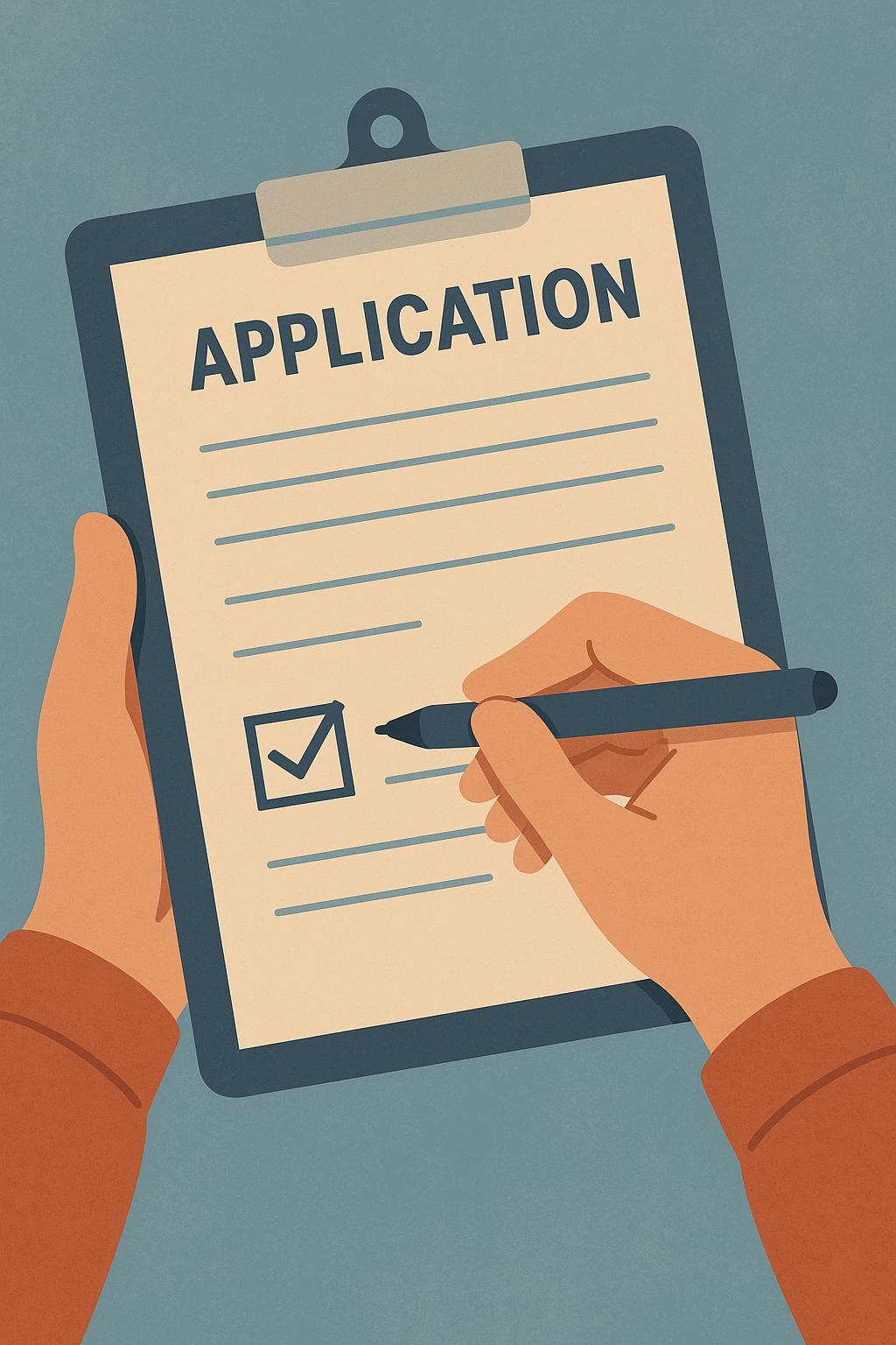Illustration of hands holding a clipboard with an application form and a pen checking a box, symbolizing the process of applying.