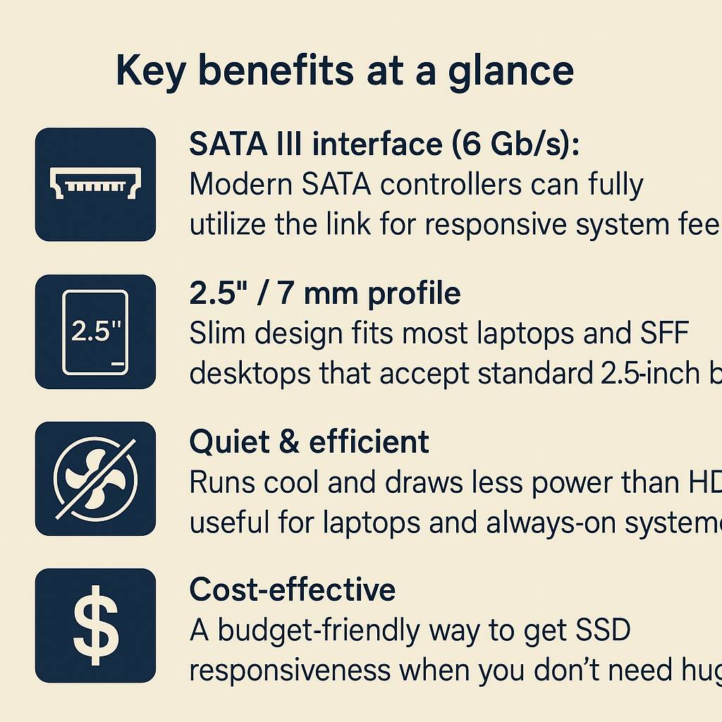 Illustration of the key benefits of a 2.5-inch SSD showing icons for SATA III speed, slim profile, quiet efficiency, and cost-effectiveness.