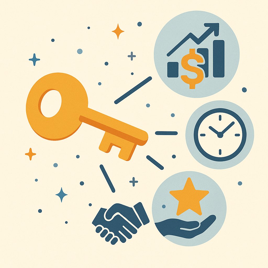Illustration showing a golden key with icons symbolizing key benefits: financial growth, time management, quality, and collaboration