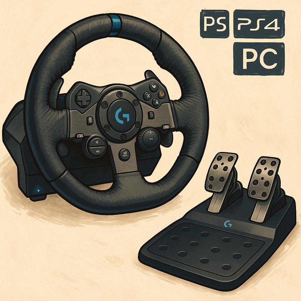 Digital illustration of the Logitech G923 racing wheel and three-pedal set. The wheel is black with metal paddles and a blue accent stripe, while the pedals (clutch, brake, throttle) sit on a sturdy base. Designed for use with PS5, PS4, and PC.