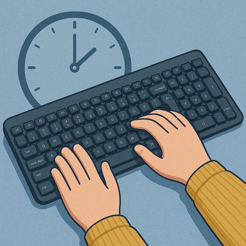 Illustration of hands typing on a sleek keyboard with a clock in the background, symbolizing comfort and durability for long hours of use