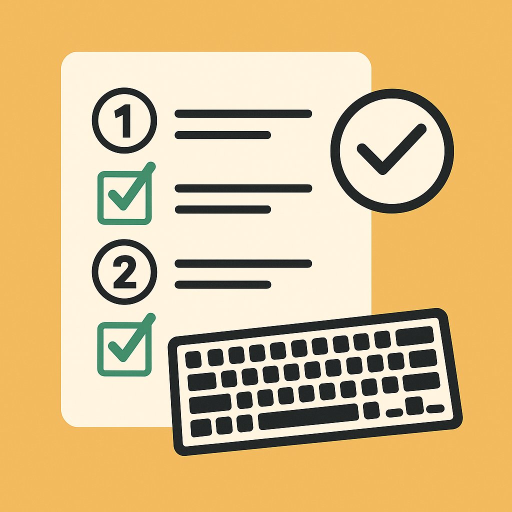 Illustration of a checklist with green checkmarks beside numbered items and a keyboard at the bottom, symbolizing a quick buying guide.