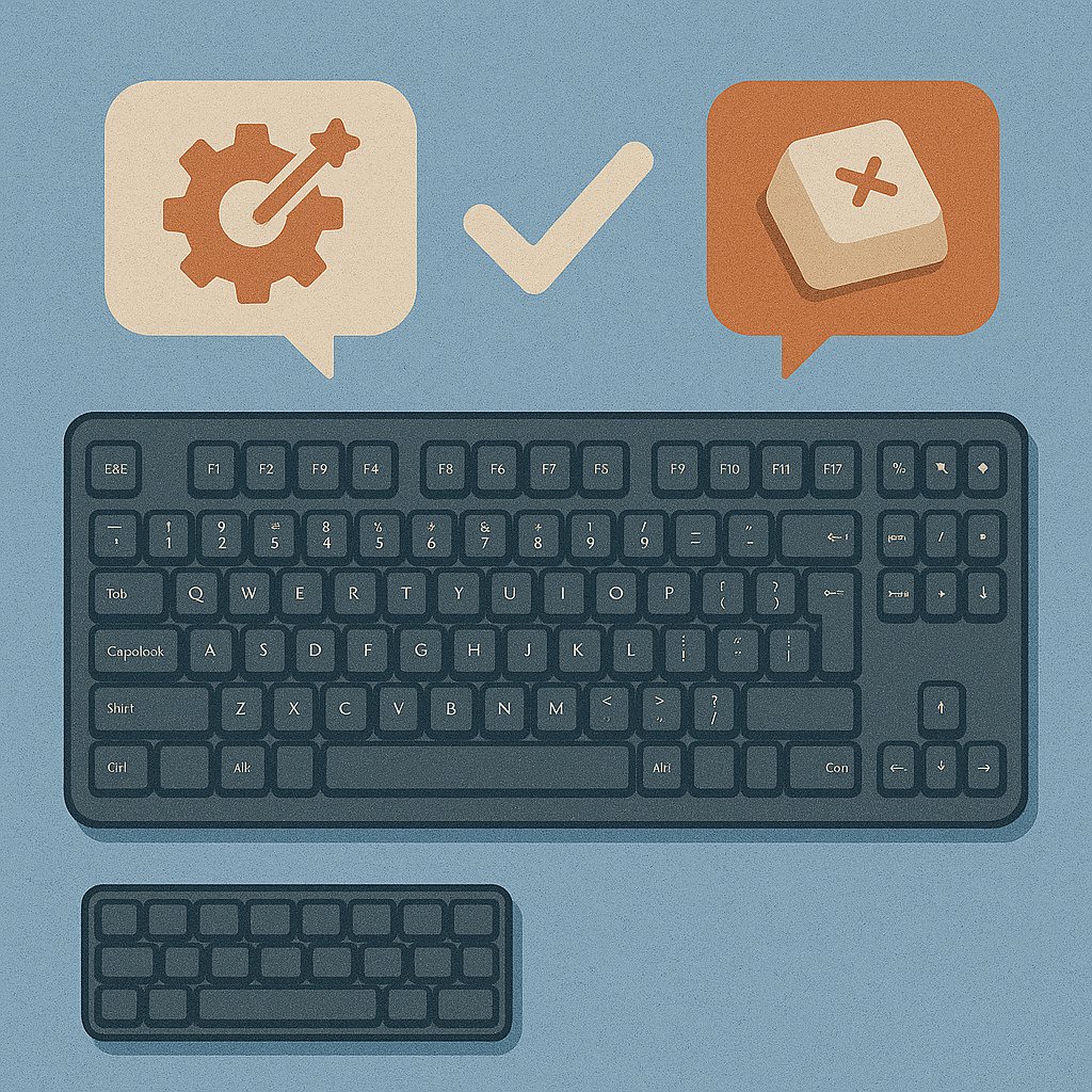 Illustration of a full-sized keyboard with icons representing customization, including a gear with a magic wand, a removable keycap, and a checkmark, symbolizing productivity enhancements.