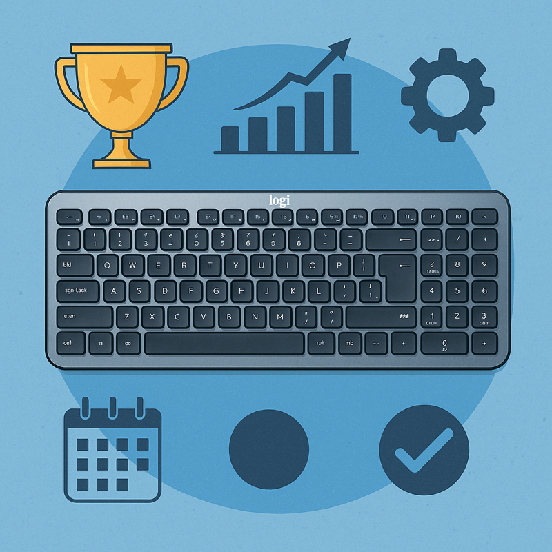 Digital illustration of a sleek Logitech keyboard surrounded by productivity icons, including a trophy, growth chart, gear, calendar, and checkmark, symbolizing efficiency and reliability in 2025