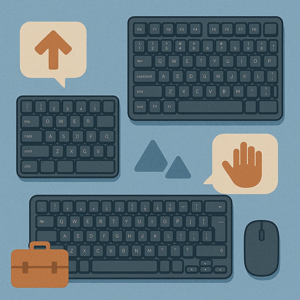 Illustration showing three different keyboard layouts—compact, tenkeyless, and full-size—alongside icons symbolizing ergonomics, travel, and productivity.