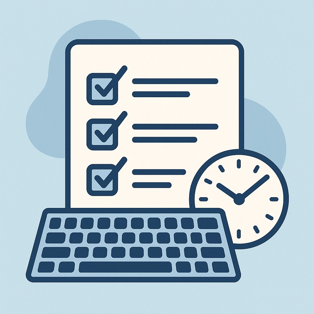 Illustration of a keyboard, checklist, and clock symbolizing time-saving habits that build efficiency and productivity