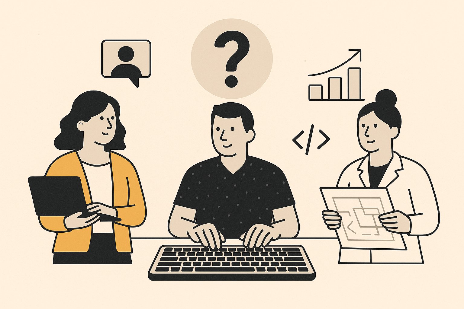 Illustration of three professionals in 2025: a remote worker with a laptop, an analyst typing on a keyboard, and a creative professional holding design plans, with icons above them symbolizing communication, data, and coding.