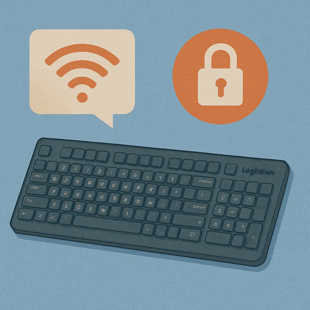 Illustration of a wireless keyboard with icons of a Wi-Fi signal and a padlock above it, symbolizing reliable connectivity and strong security.
