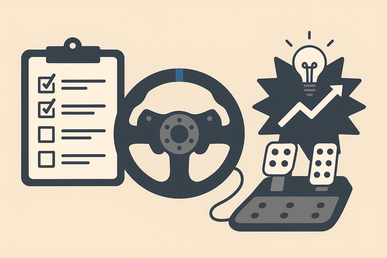 Flat-style digital illustration showing a racing wheel, pedals, a checklist clipboard, and a lightbulb with an upward graph, symbolizing performance tips and improvement in sim racing.