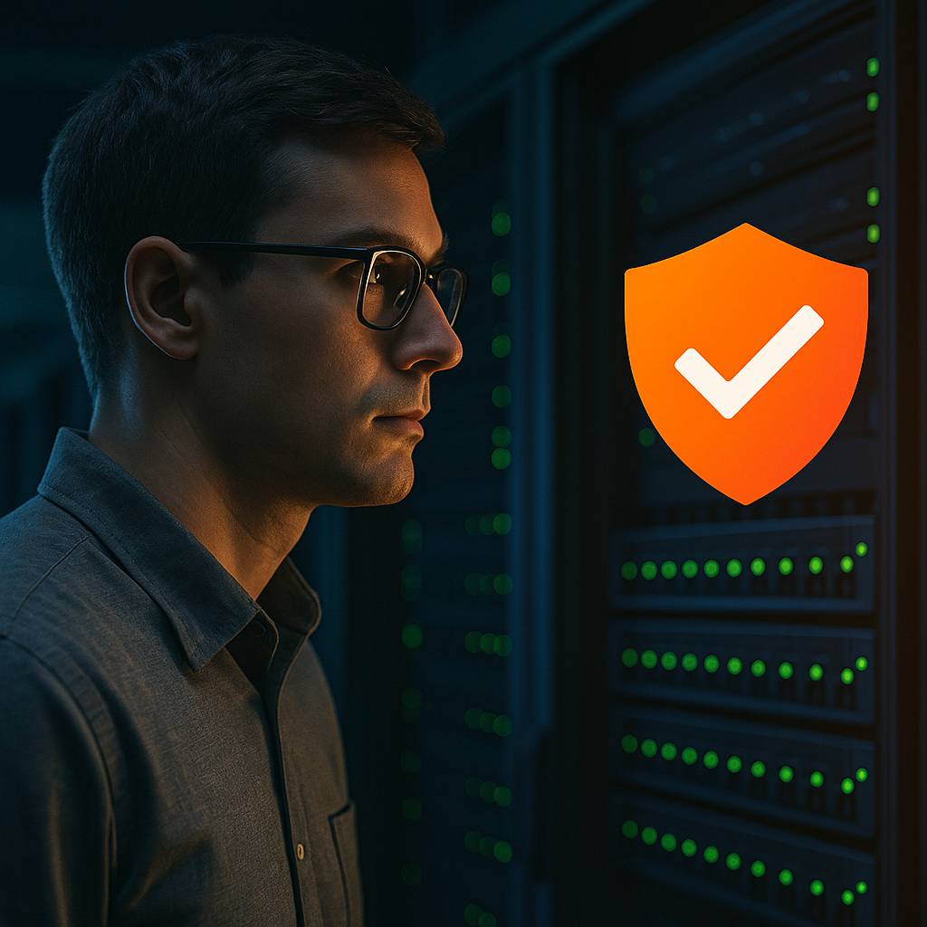 A focused IT professional stands in a dark data center surrounded by active servers, with a glowing orange shield and checkmark icon symbolizing reliability and security.
Ask ChatGPT