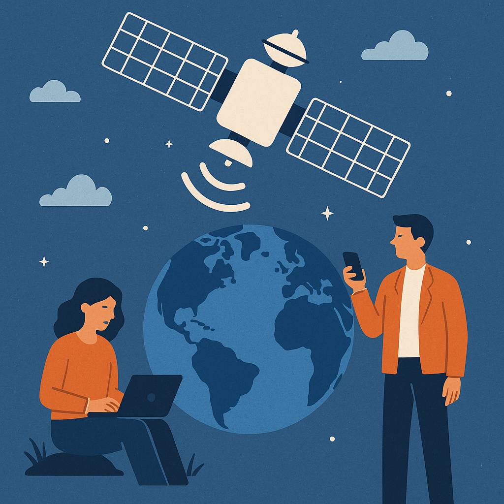 Illustration of satellite connectivity showing a satellite sending signals to Earth, connecting a woman using a laptop and a man using a smartphone.