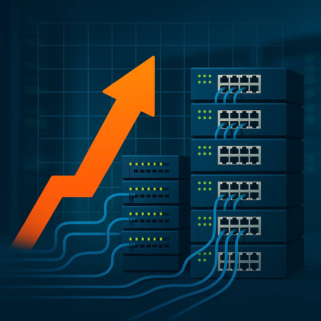 A digital illustration showing stacked network switches with blue Ethernet cables and an upward-pointing orange arrow, symbolizing seamless scalability and network growth.
Ask ChatGPT