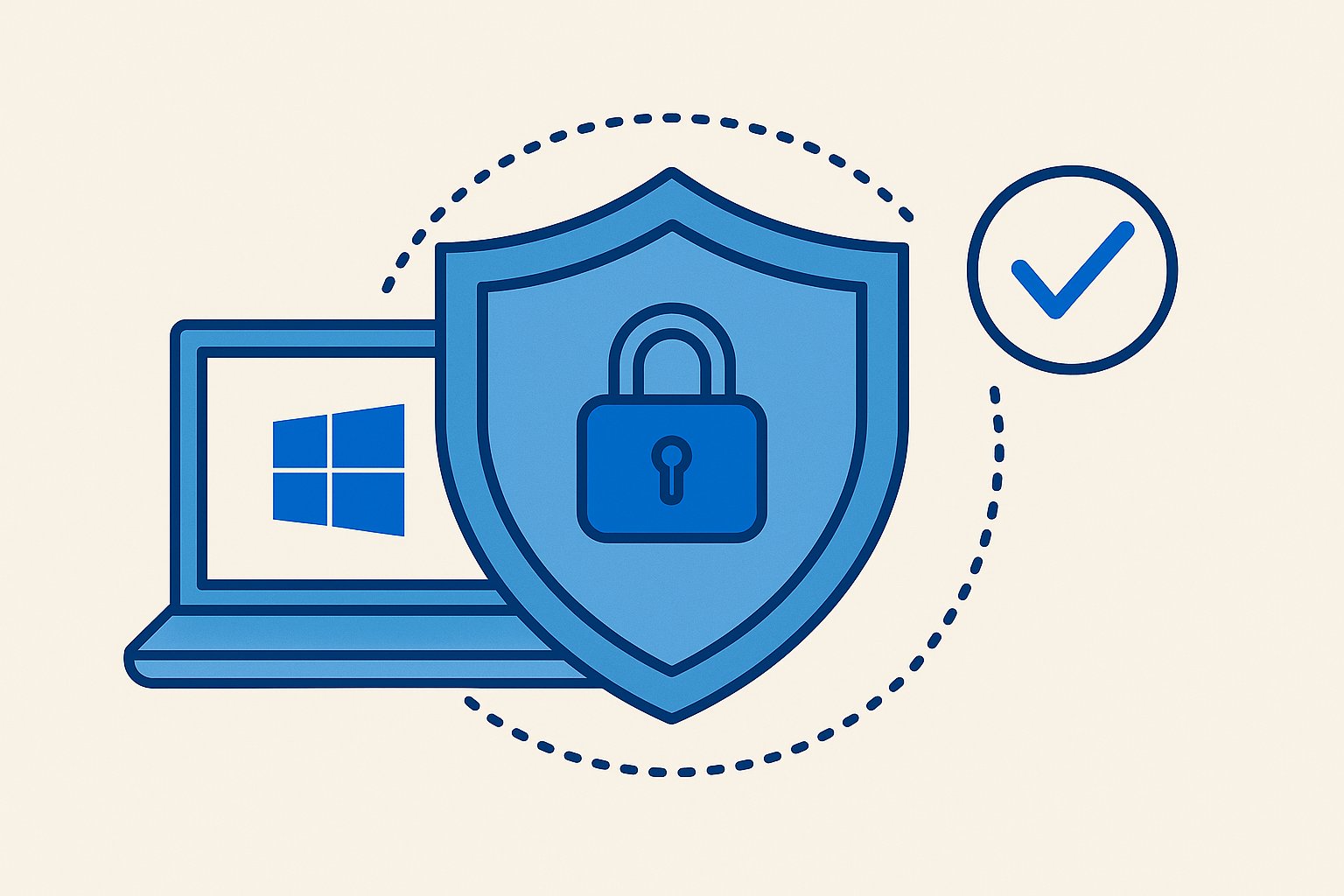 Illustration of a laptop with Windows logo, a shield with a padlock symbol, and a checkmark connected by dotted lines representing trusted security.