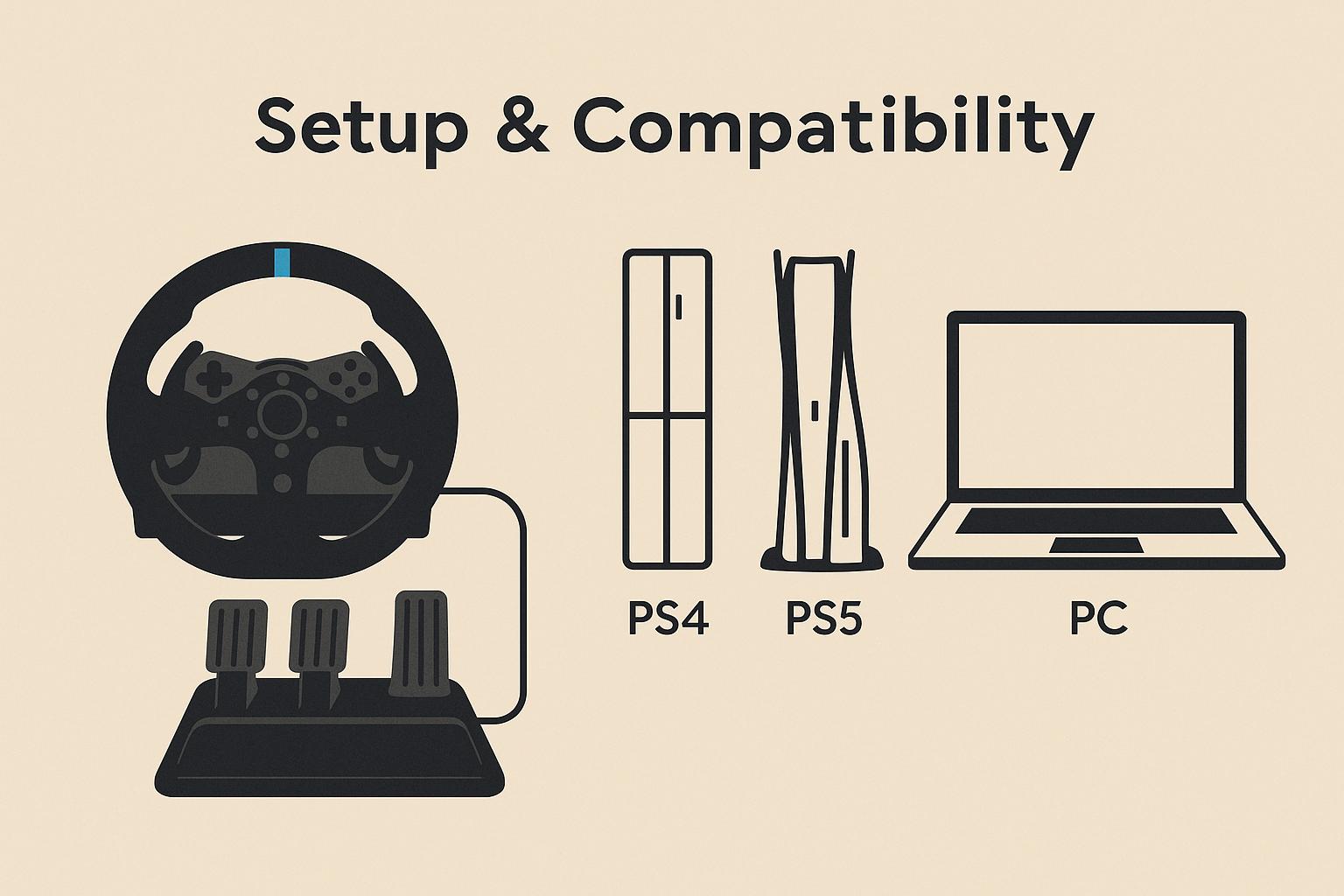 Flat design illustration showing a racing wheel with three pedals connected by a cable, alongside icons of a PS4, PS5, and a laptop computer, representing setup and compatibility across gaming platforms.