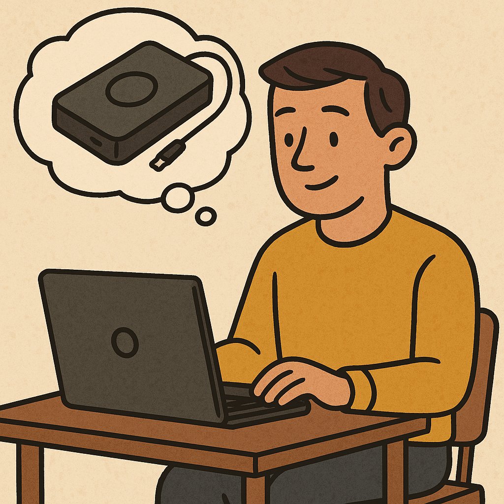 Illustration of a laptop user thinking about a solid-state drive, representing the ideal audience for reliable storage solutions.
