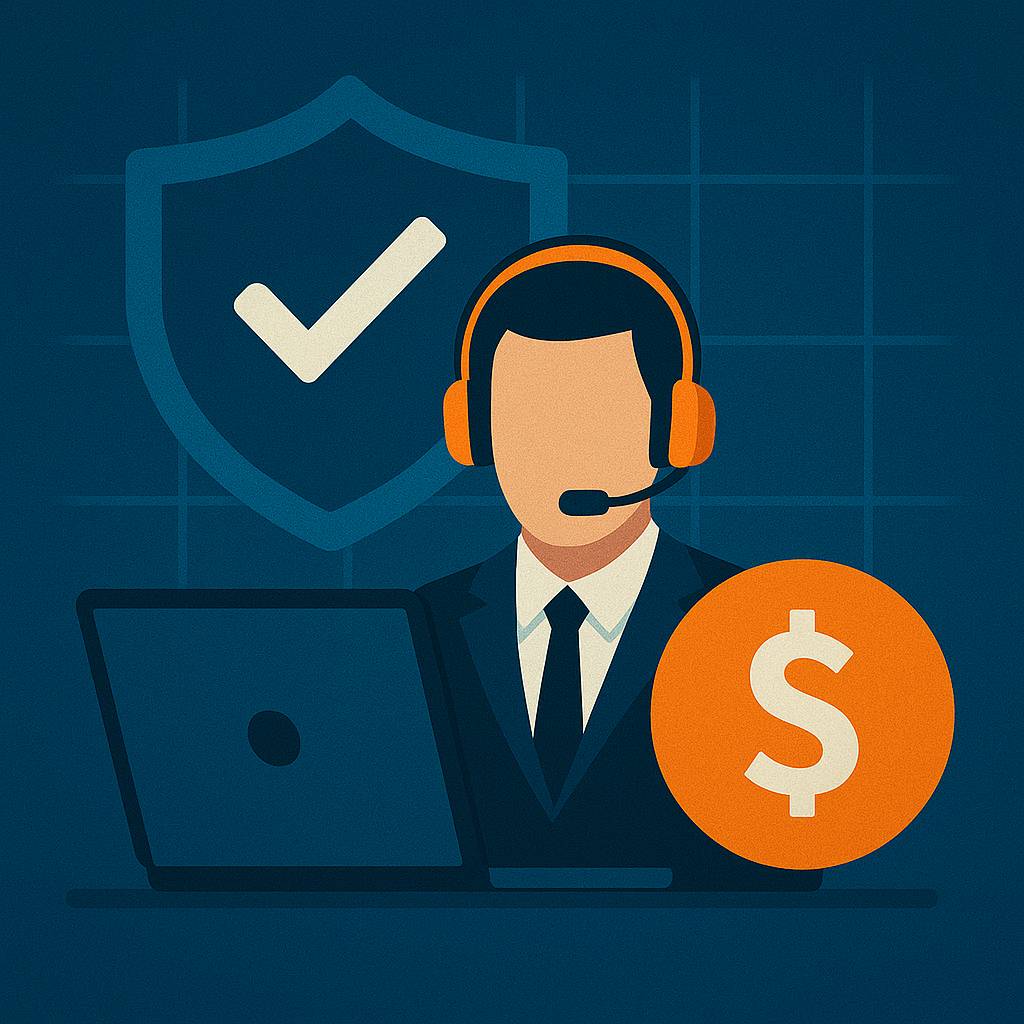 A digital illustration of a support representative wearing an orange headset in front of a laptop, with a shield checkmark and dollar sign icon representing trusted service and competitive total cost of ownership (TCO)