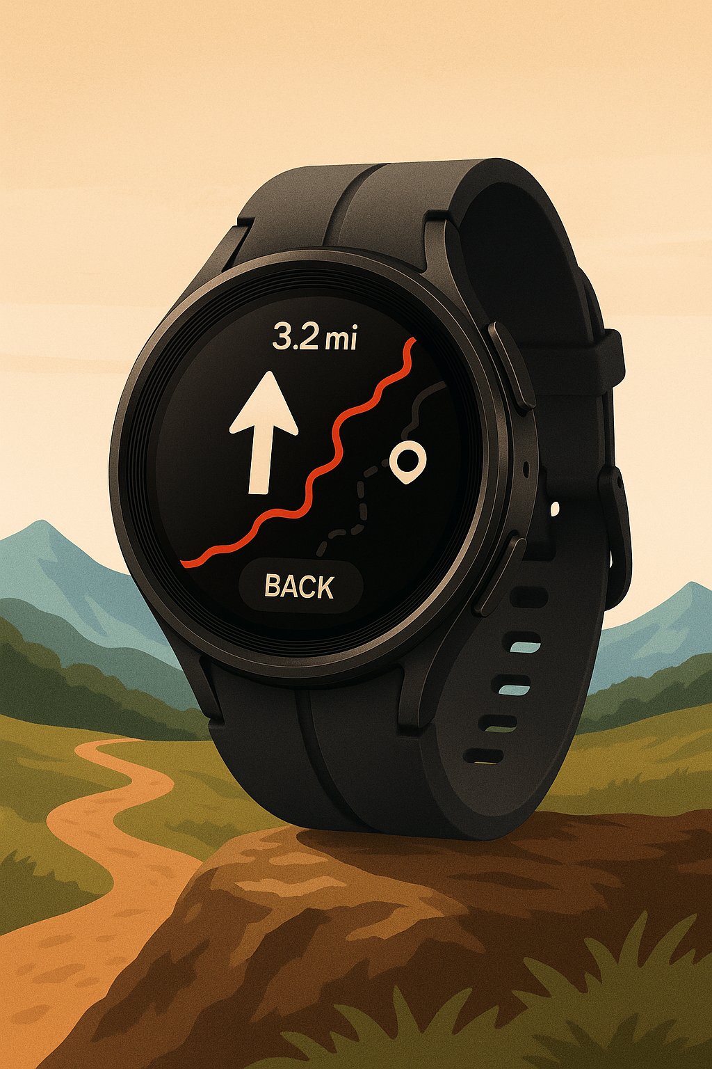 Smartwatch showing a turn-by-turn GPX route with a bold arrow, red path line, and waypoint on its screen, set against a scenic trail with hills and mountains in the background