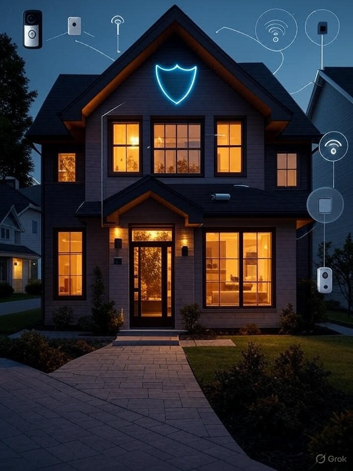 An illustration of a modern house with large, warmly lit windows, set against a twilight background. A glowing blue shield is prominently displayed on the house, symbolizing protection, with wireless signals connecting various security devices such as a camera, doorbell camera, motion sensor, and central hub. The scene features a serene neighborhood with neighboring houses, a well-maintained lawn, and a paved walkway. Subtle question marks float above the house, suggesting a decision-making process about whether the security system is suitable.