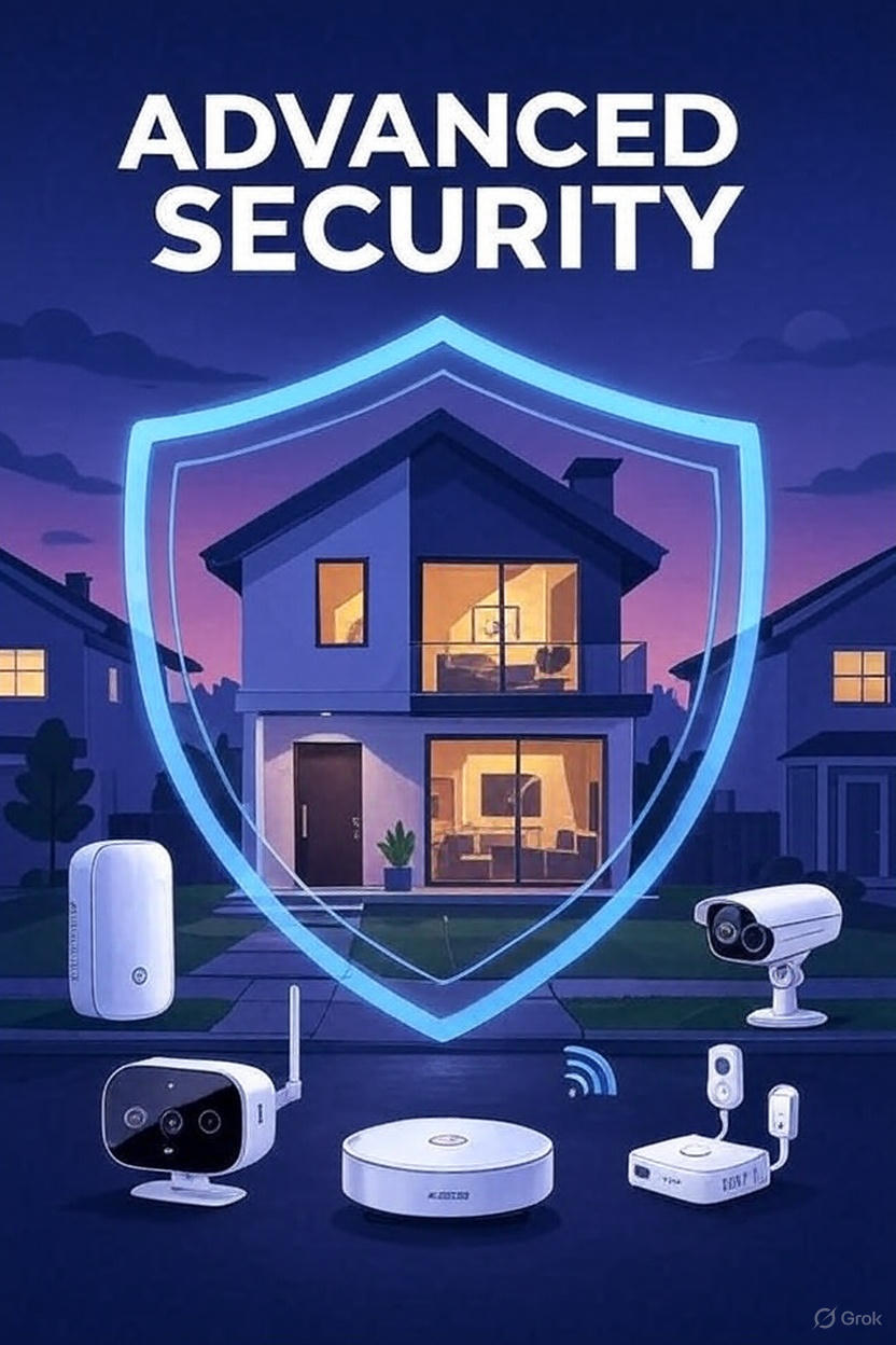 A promotional image titled "ADVANCED SECURITY" featuring a modern house with large windows, illuminated warmly from within, set against a twilight background. A glowing blue shield surrounds the house, symbolizing protection. Surrounding the shield are various security devices, including a camera, a doorbell camera, a motion sensor, and a central hub, all connected by wireless signals. The scene includes neighboring houses and a serene neighborhood setting. The image is branded with the Grok logo in the bottom right corner.