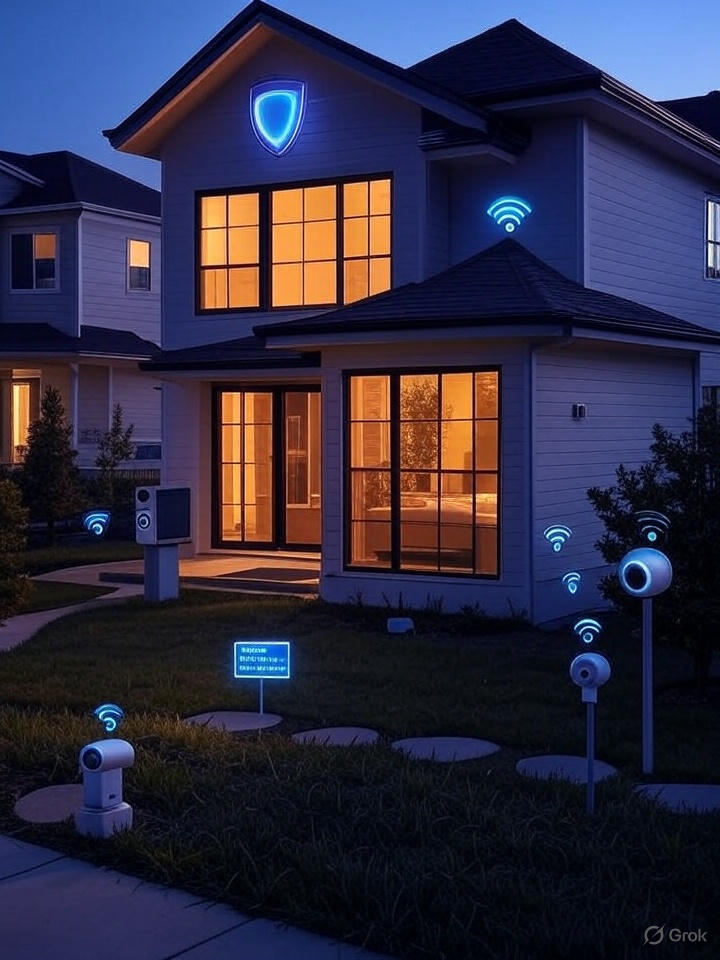 An illustration of a modern house with large, warmly lit windows, set against a twilight background. A glowing blue shield is prominently displayed on the house, symbolizing protection, with wireless signals connecting various security devices such as a camera, doorbell camera, motion sensor, and central hub. The scene includes a serene neighborhood with neighboring houses, a well-maintained lawn, and a concrete walkway. A sign in the yard and a delivery box with branding suggest purchase locations for SimpliSafe.
