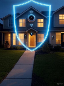 An illustration of a modern house with large, warmly lit windows, set against a twilight background. A glowing blue shield surrounds the house, symbolizing protection, with a camera integrated into the design. Various security devices, including a doorbell camera, motion sensor, and wireless signals, are positioned around the house. The scene features a well-maintained lawn, a concrete walkway leading to