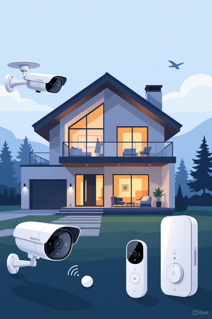 A modern house with large windows and a garage, surrounded by trees and mountains, illuminated warmly from within. Several security cameras are mounted around the house, and additional smart security devices, including a control panel and sensors, are placed in the foreground. A bird flies in the sky, and a wireless signal icon is visible near a small sensor.