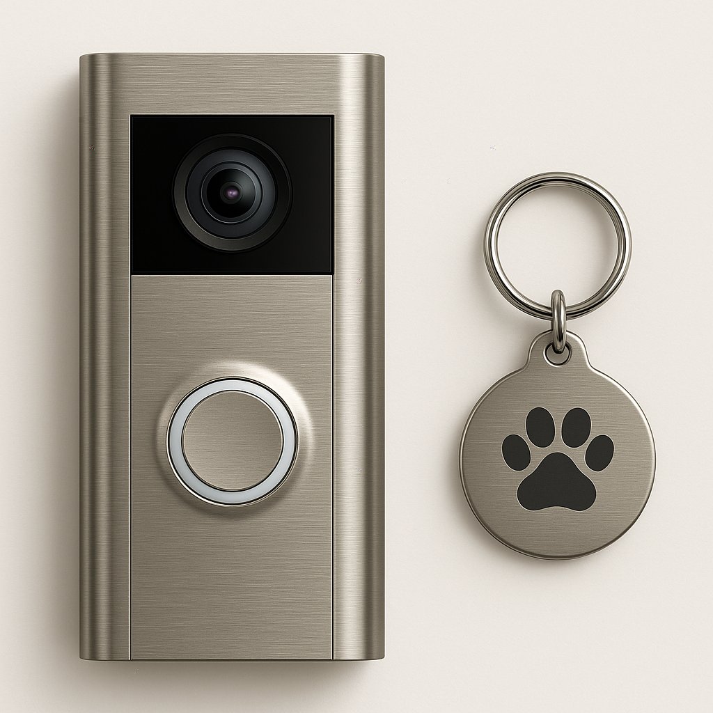 Satin nickel doorbell with a sleek camera button design placed beside a metallic pet tag featuring a paw print