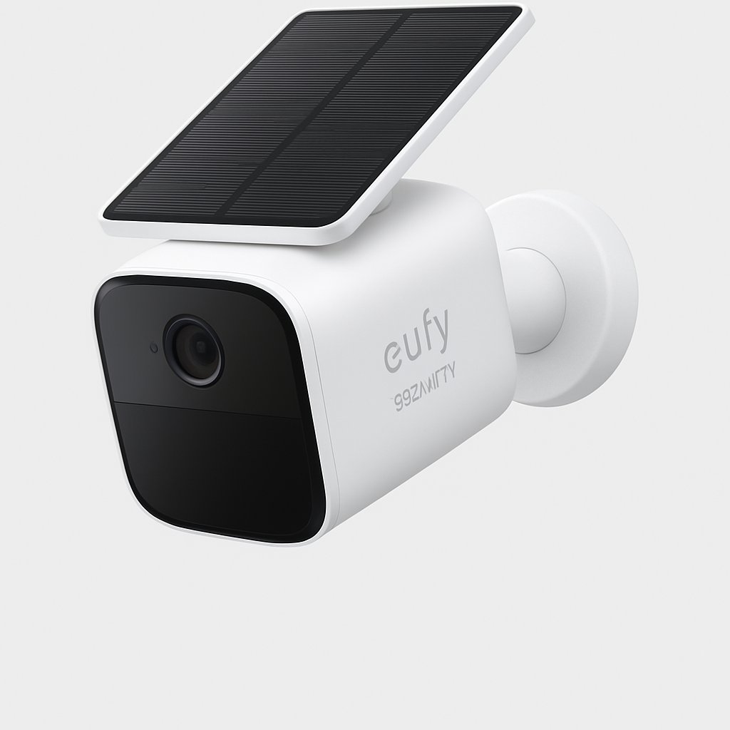 Product photo of the Eufy SoloCam S220, a white solar-powered outdoor security camera with built-in solar panel, displayed on a clean gray background