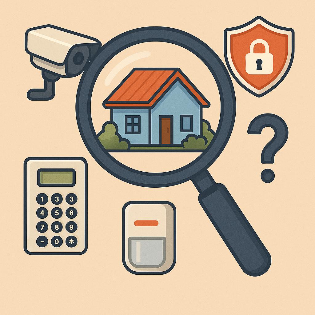 Illustration of a house under a magnifying glass surrounded by security system options like a camera, shield, keypad, and motion detector, symbolizing decision-making for choosing the right security system.