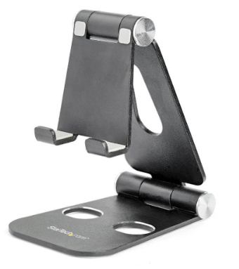 Black adjustable aluminum phone and tablet stand with foldable multi-angle design and non-slip base.