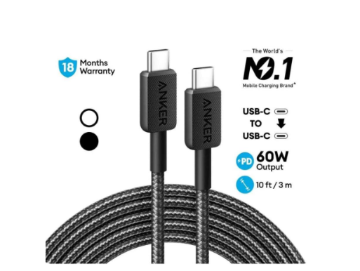 Anker 60W USB-C to USB-C Cable (10ft, Braided, Black) – Durable Fast Charging Cord - Image 2