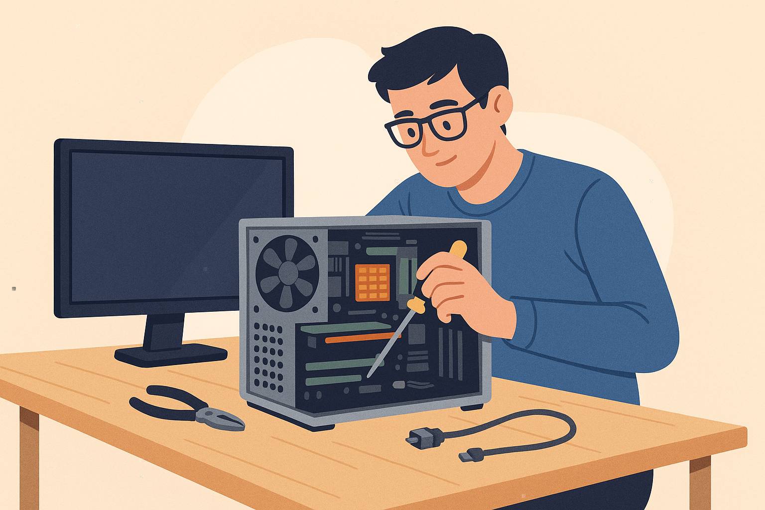 Illustration of a computer technician repairing a desktop computer with tools on a desk, representing professional computer repair service.