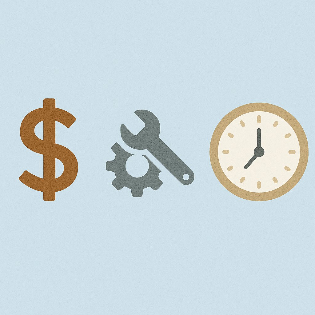 Minimalist illustration with three icons: a dollar sign representing costs, a wrench and gear symbolizing parts, and a clock showing timelines.