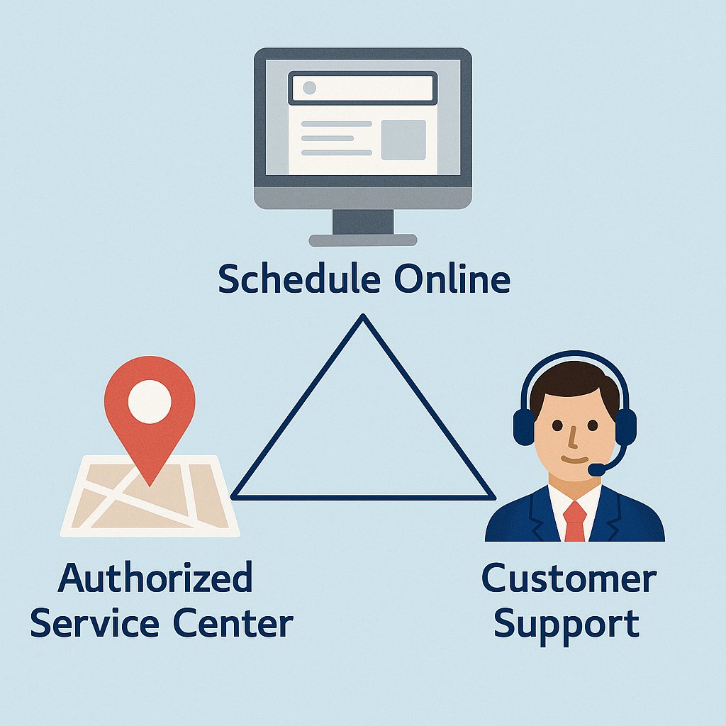 Infographic illustration showing repair service options: a computer for scheduling online, a map with a location pin for an authorized service center, and a customer support representative wearing a headset. 