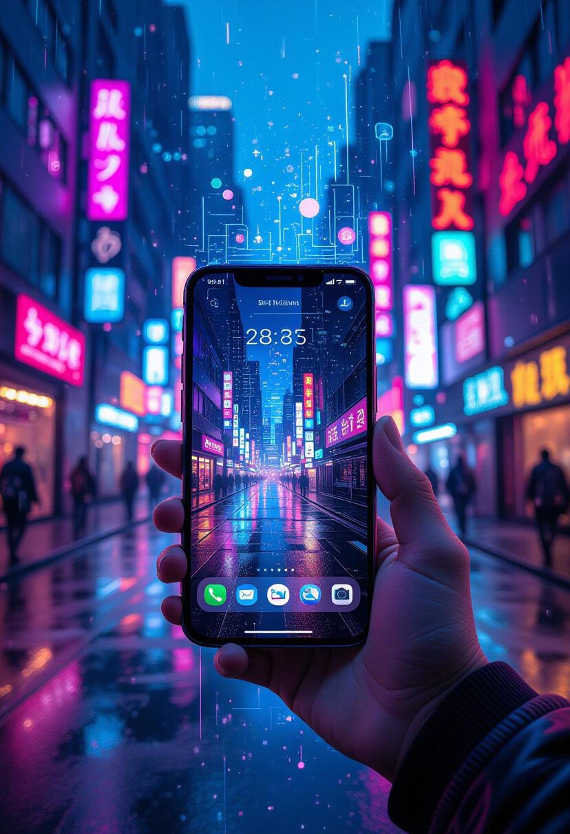 A futuristic digital artwork depicting a cyberpunk masterpiece, featuring a hand holding a sleek smartphone with a glowing, customizable design interface. The scene is illuminated by vibrant neon lights in shades of pink, blue, and purple, reflecting off glossy, metallic surfaces. The background showcases a gritty urban skyline with towering skyscrapers, holographic billboards, and a misty atmosphere, creating a dynamic and immersive tech-inspired vibe.