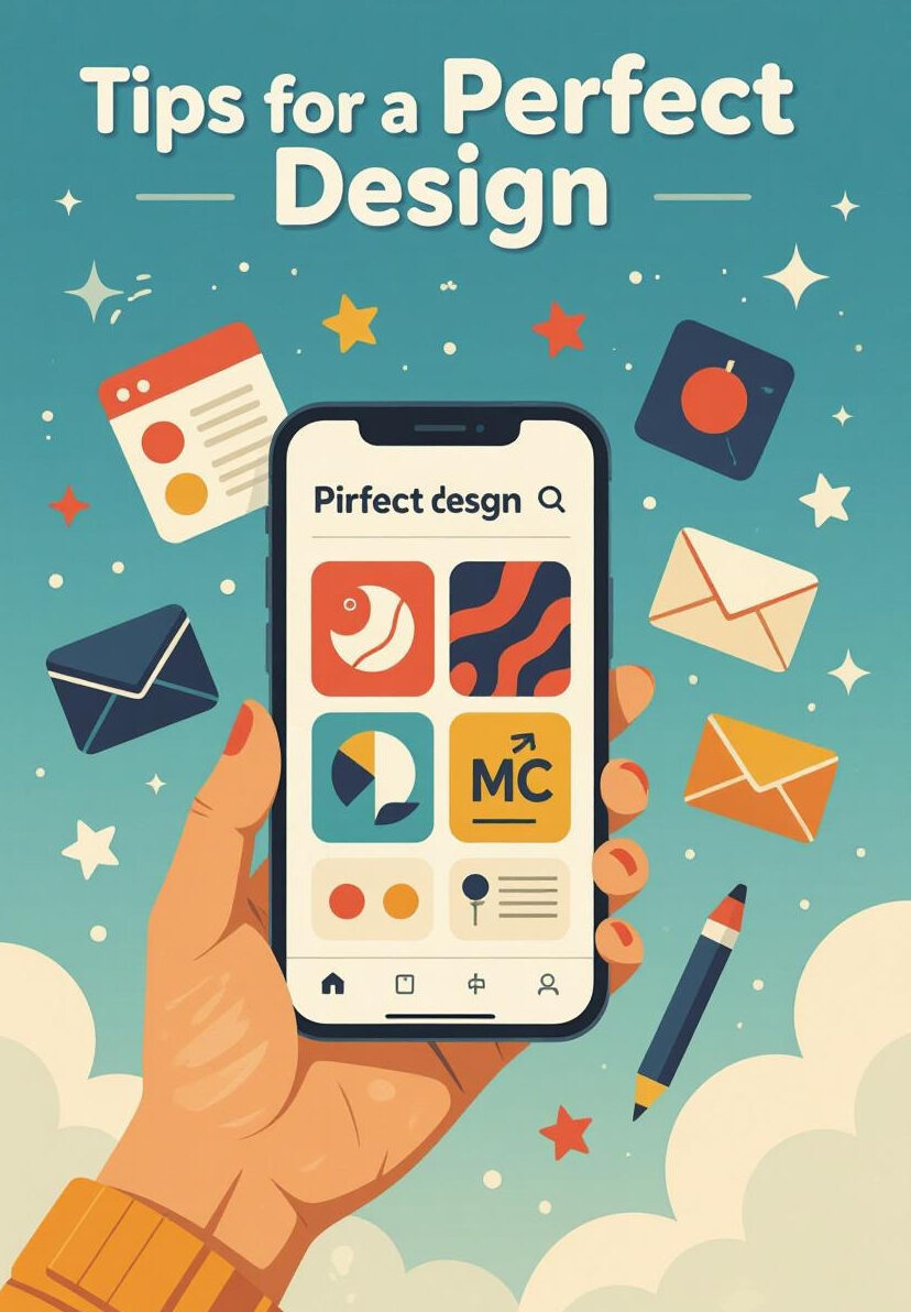 An illustration featuring a hand holding a smartphone with a vibrant, customizable design interface. The scene includes various design elements such as colorful patterns, abstract shapes, and graphic icons being added creatively. The background is a soft gradient of blue and purple, with subtle tools like a pencil and palette floating around, suggesting a creative design process.