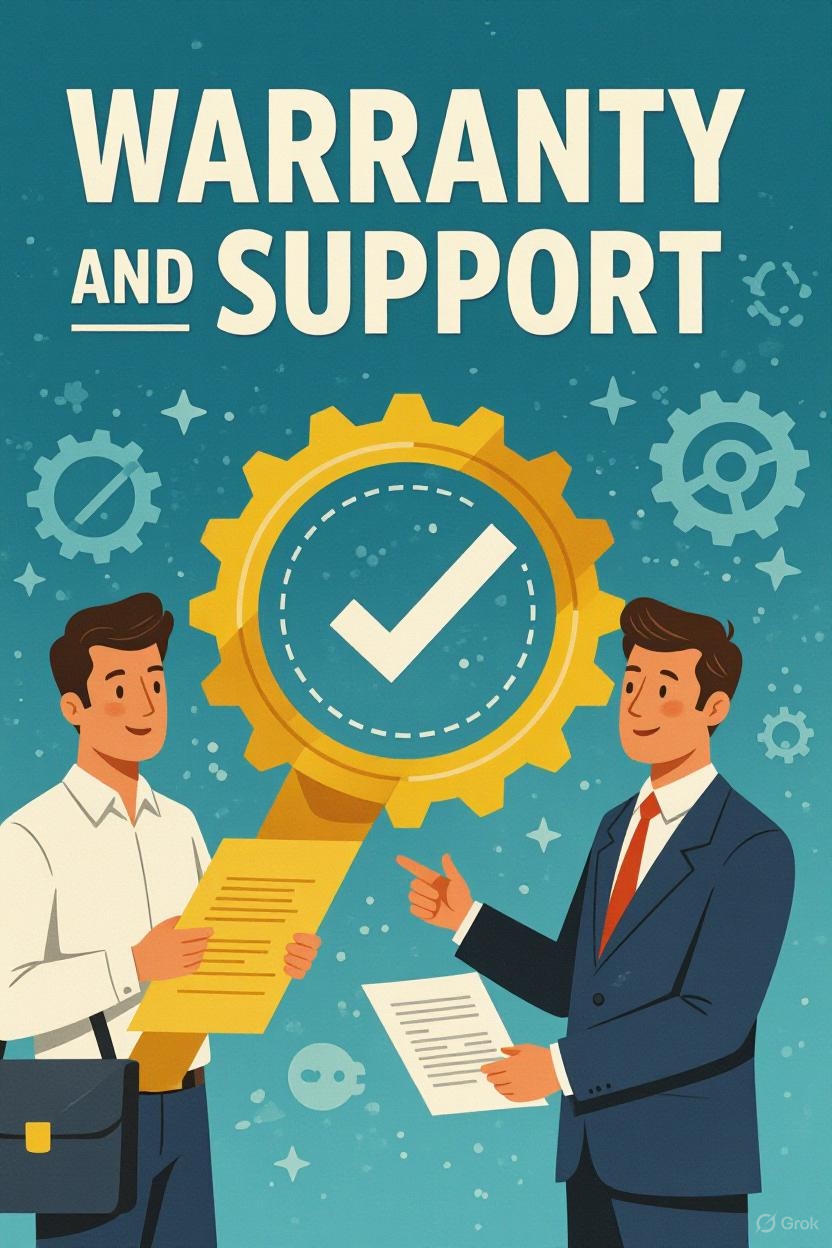 Illustration of two men discussing warranty and support. One holds a document while the other gestures with a paper in hand. A large yellow gear with a white checkmark floats between them, surrounded by icons of gears and tools, symbolizing protection and customer assistance.