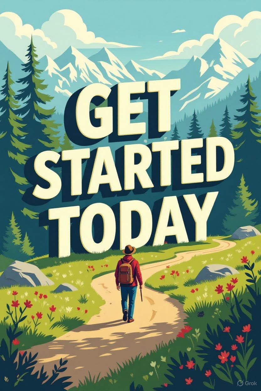 Illustration of a hiker with a backpack walking on a winding trail through a forest meadow filled with flowers. Snow-capped mountains and pine trees rise in the background under a bright sky. Large bold text reads “Get Started Today.”